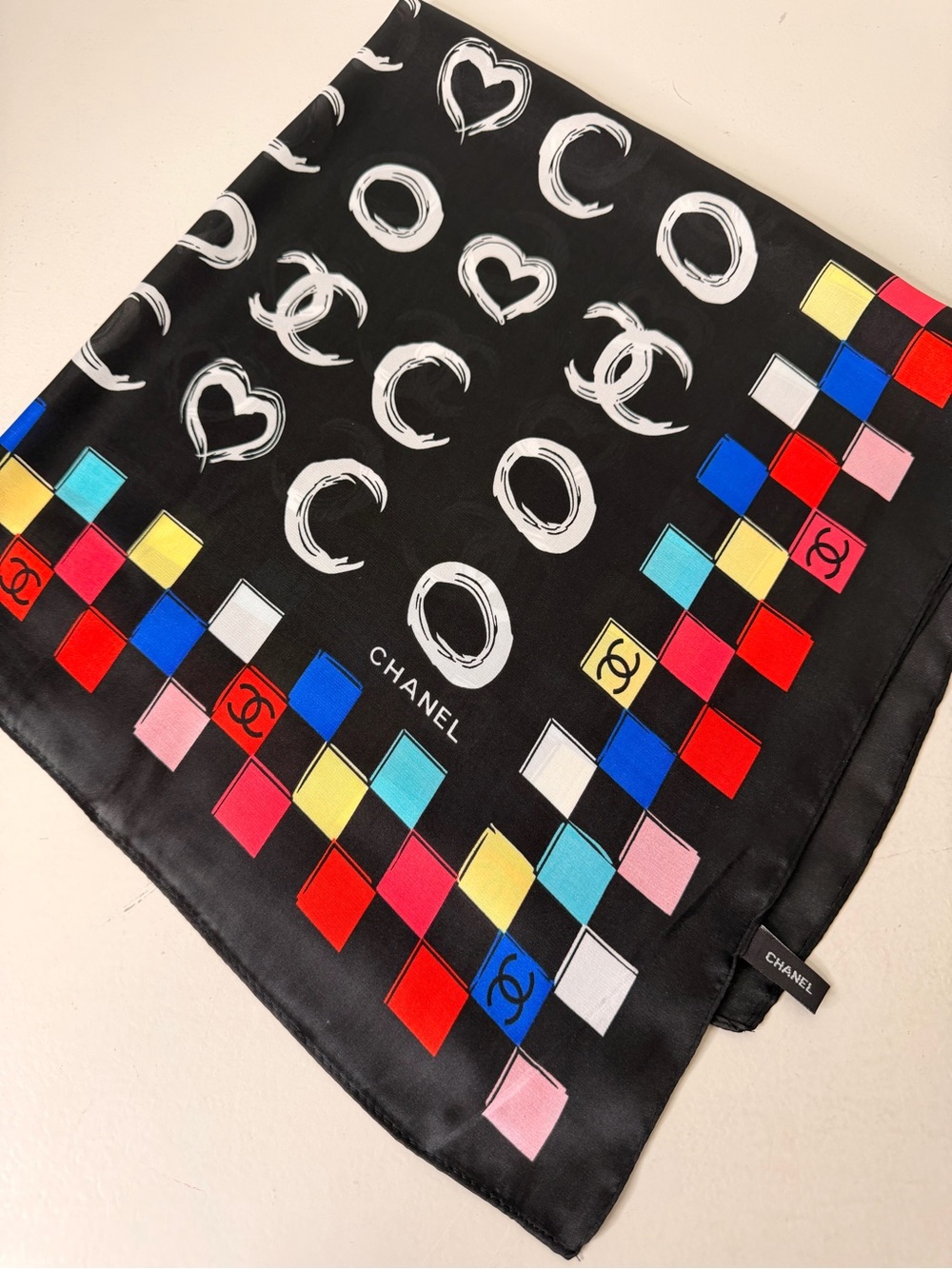 Black Silk Logo & Checker Print Scarf